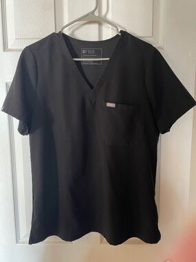 Figs Black V-Neck Scrub Top with Chest Pocket